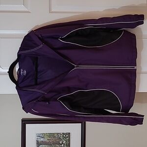 BCG lined jacket, coat, hood, purple, black and white, elastic cuffs, med